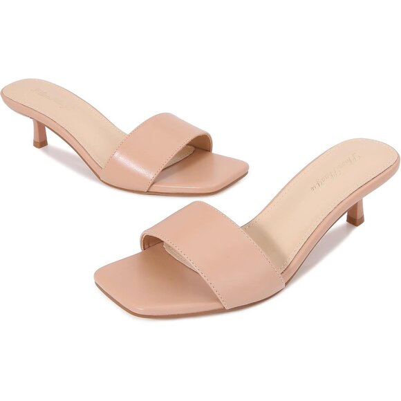 Women's Nude Kitten Heels Sandal Heeled Slides Square Open Toe One Band Slip On - Picture 5 of 9
